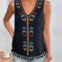 Women's Ethnic Pattern Embroidery V Neck Fringe Trim Tank Top