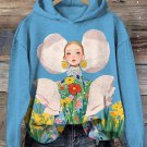 Women's Elegant Girl Floral Illustration Print Casual Hoodie