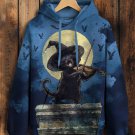 Women's Full Moon Night Black Cat Playing Violin Print Cozy Hoodie