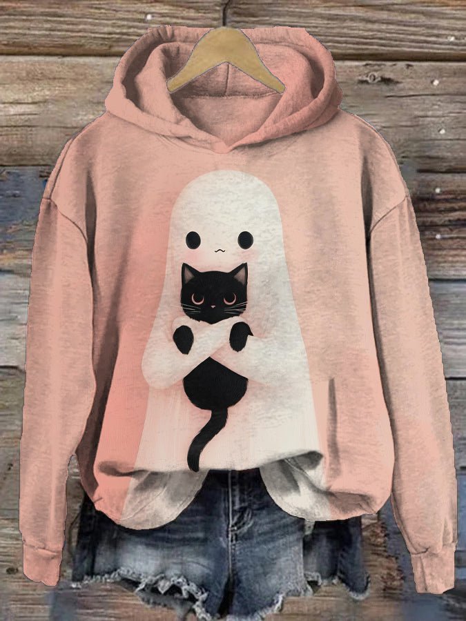 Women's Fun Art Black Cat Ghost Print Cozy Hoodie