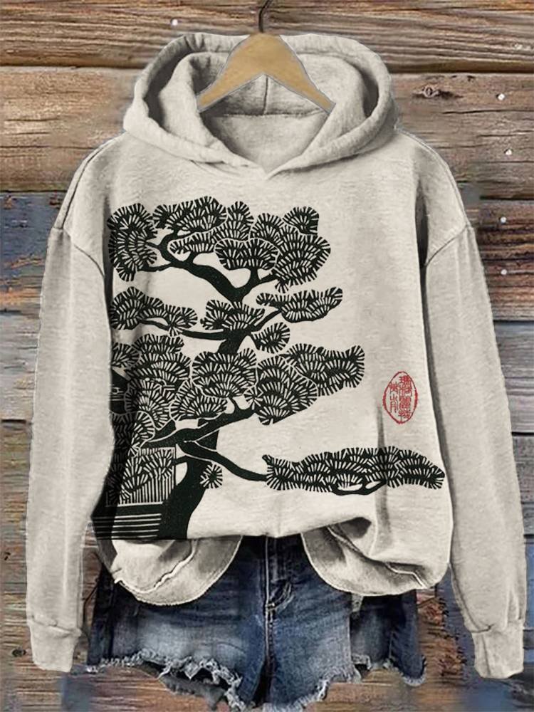 Women's Pine Tree Japanese Lino Art Cozy Hoodie