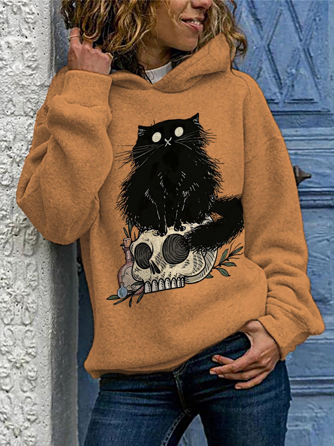 Women's Skeleton Cat Print Long Sleeve Casual Hoodie