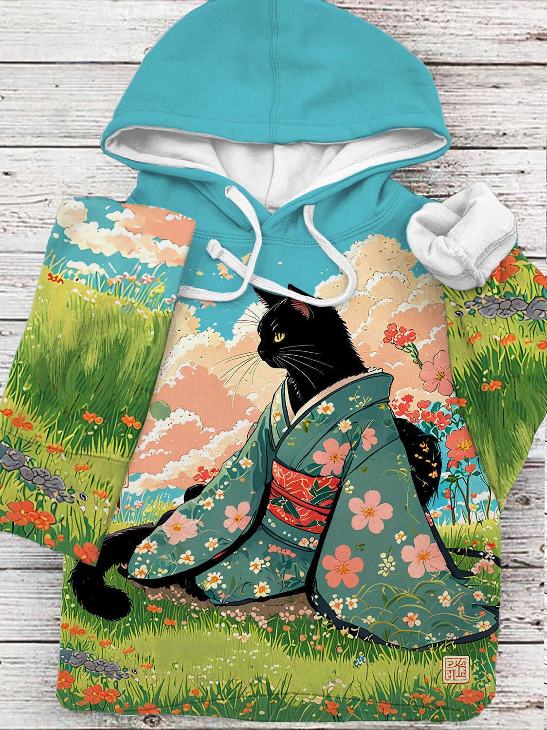 Women's Spring Kimono Cat Art Print Cozy Hoodie