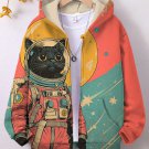 Women's Black Cat Astronaut Color Block Art Print Hooded Zip Up Jacket
