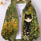 Women's Cat In The Flowers Art Print Hooded Zip Up Jacket