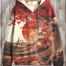 Women's Maple Leaf Sunset Wave Ukiyoe Art Hooded Zip Up Jacket