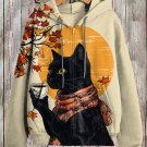 Women's Scarf Black Cat Drinking Coffee Maple Leaf Art Print Hooded Zip Up Jacket