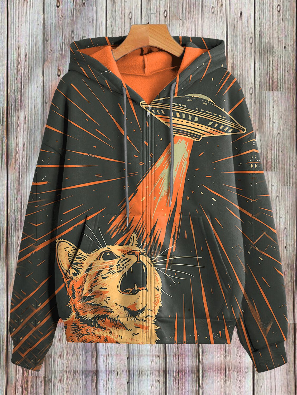 Women's Terrified Cat Meets UFO Retro Future Art Print Hooded Zip Up Jacket