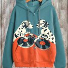 Women's Vinyl Record Spotted Dog Art Print Hooded Zip Up Jacket