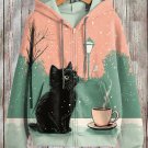 Women's Winter Outdoor Black Cat Coffee Art Print Hooded Zip Up Jacket