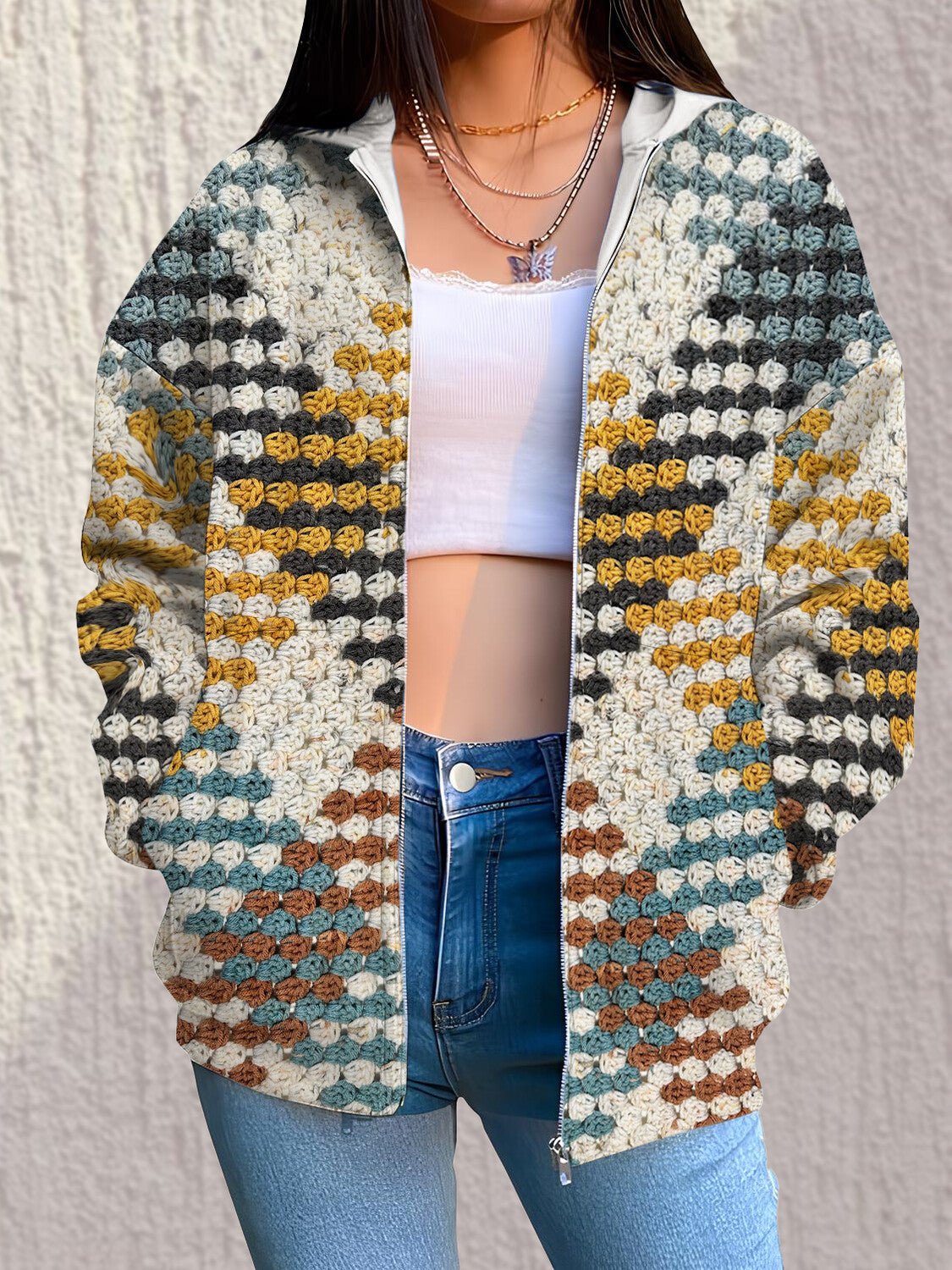 Women's Yarn Texture Print Hooded Zip Up Jacket