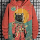 Men's Black Cat Astronaut Color Block Art Print Casual Hoodie