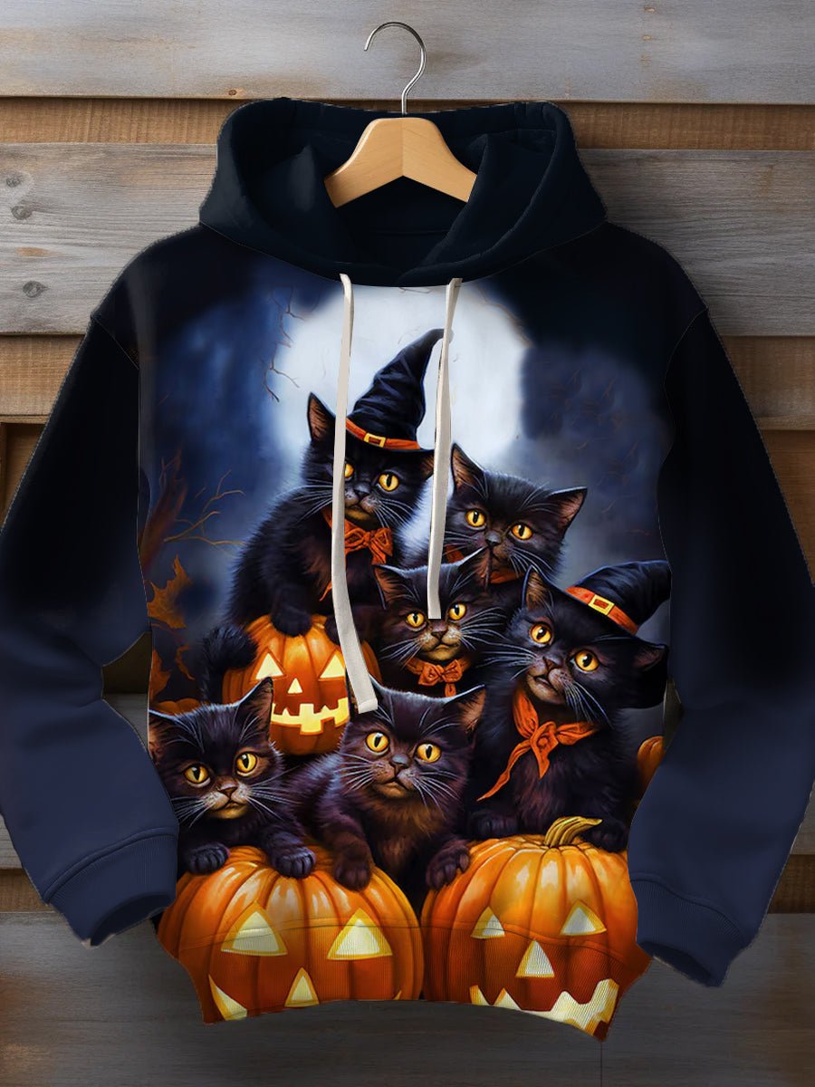 Men's Black Cat Witch Dark Pumpkin Art Casual Hoodie