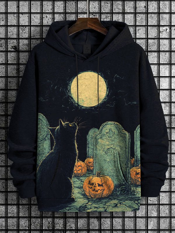 Men's Full Moon Mystical Black Cat Cemetery Print Casual Hoodie
