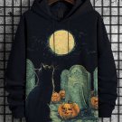 Men's Full Moon Mystical Black Cat Cemetery Print Casual Hoodie