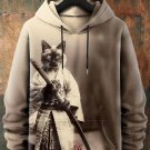 Men's Japanese Samurai Cat Art Print Casual Hoodie