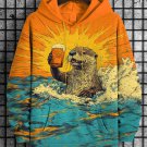 Men's Otter Drinking In The Sea Wave Print Casual Hoodie