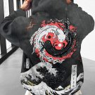 Men's Retro Japanese Yin Yang Axolotl Sea Wave Print Hoodie