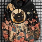 Men's Valentine's Day Black Cat Astronaut Enters Outer Planet Rose Field Print Casual Hoodie