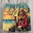 Men's Reggae Soul Lion Drinking Red Wine At The Beach Art Print Casual Shorts