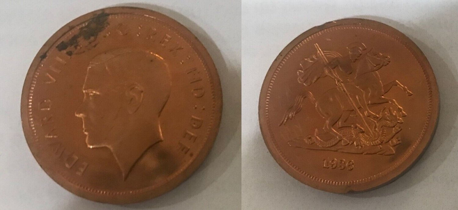 Rare 1936 Great Britain Large Copper Edward VIII Fantasy 5 Pounds St.George