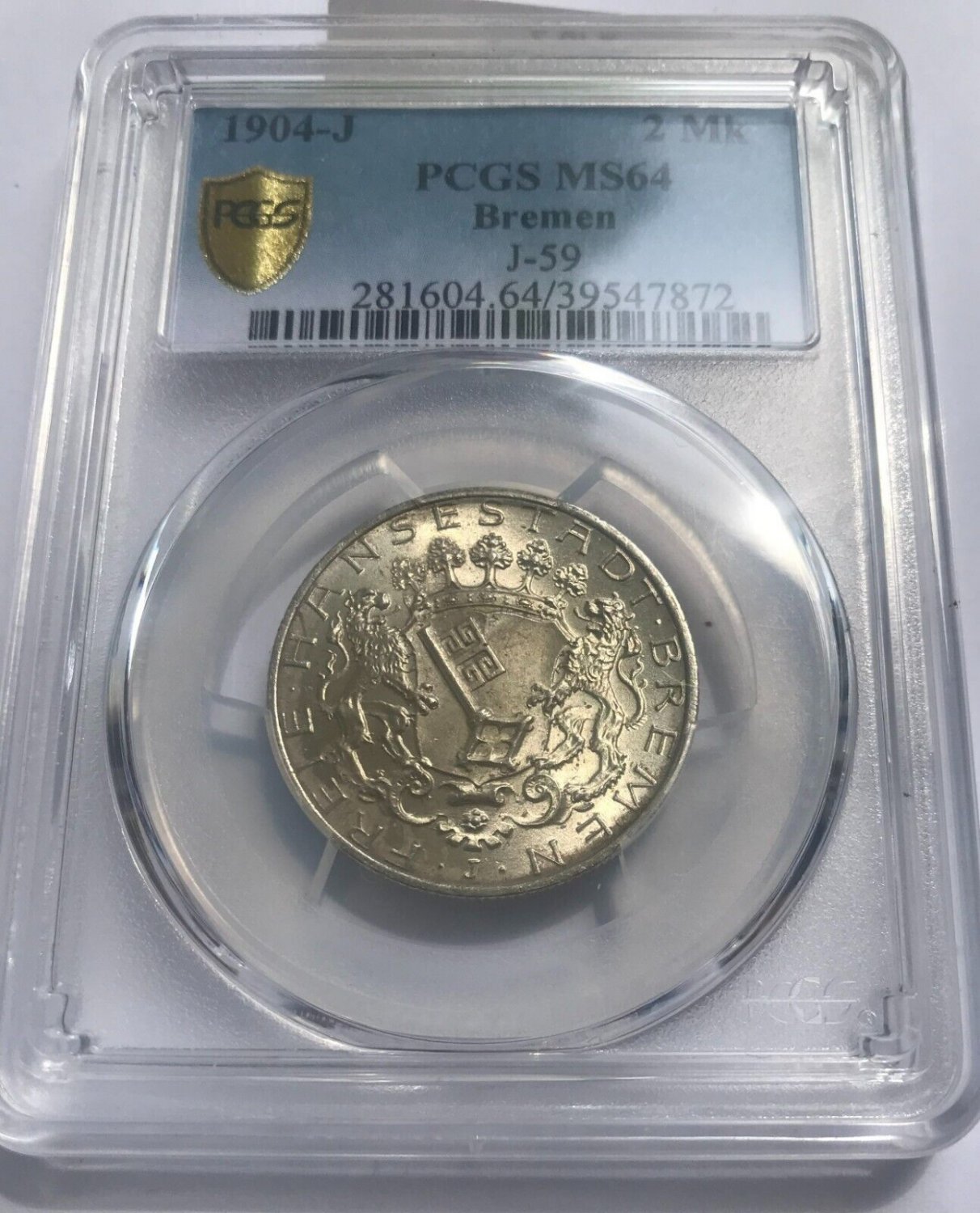 Rare 1904 Germany Bremen Silver 2 Mark PCGS MS 64-NICE