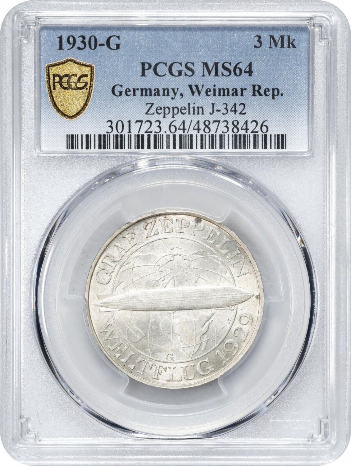 Rare 1930 G Germany Silver 3 marks-Zeppelin- PCGS MS 64
