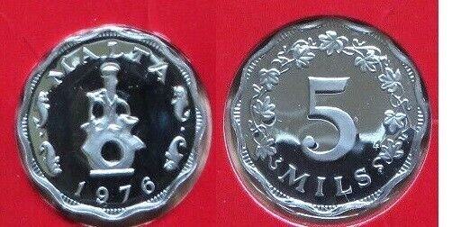1976 Malta Proof Scalloped 5 Mils, Earthen lampstand