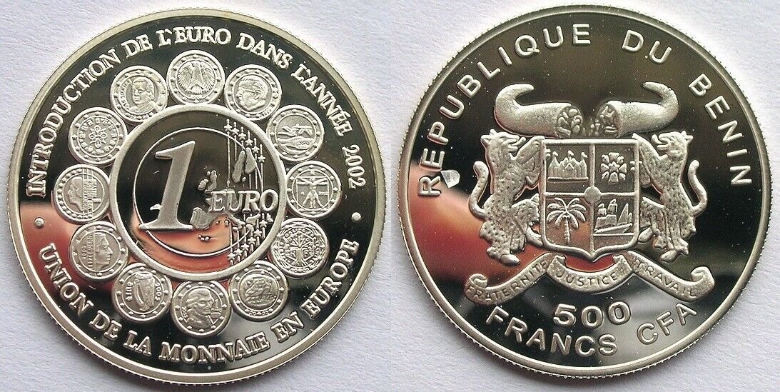 2002 Benin Silver Proof 500 fr Euro introduction