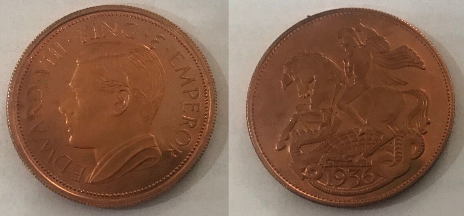 Rare 1936 Great Britain Large Copper Edward VIII Fantasy Crown St.George