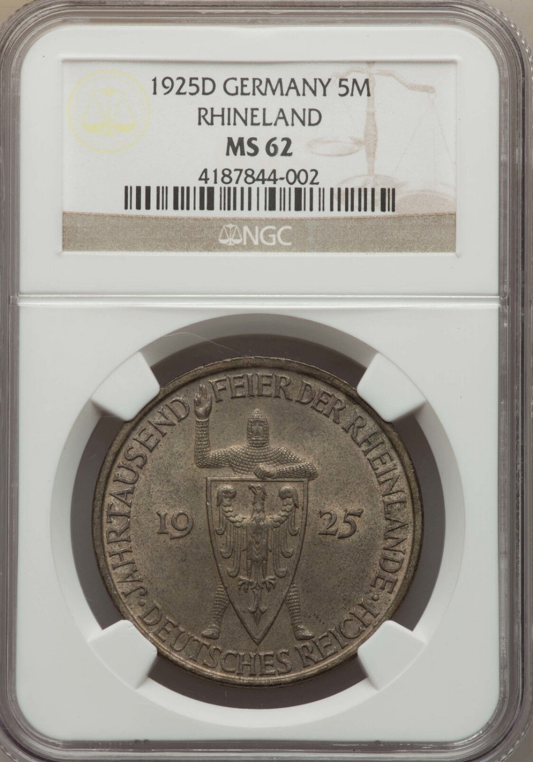 Rare 1925 D Germany Silver 5 marks-1000 years Rhineland/Medieval Knight NGC MS62