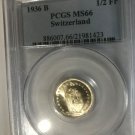 Rare 1936 Switzerland  Silver 1/2 F-Helvetia-PCGS MS 66