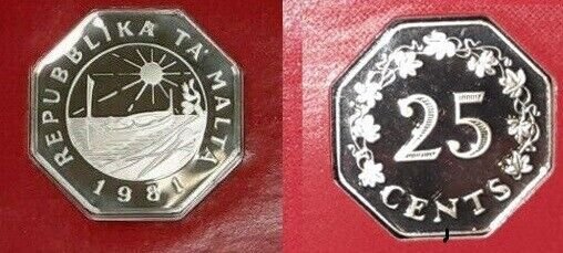 Rare 1981 Malta Proof Octagonal 25 C, Emblem with Boat