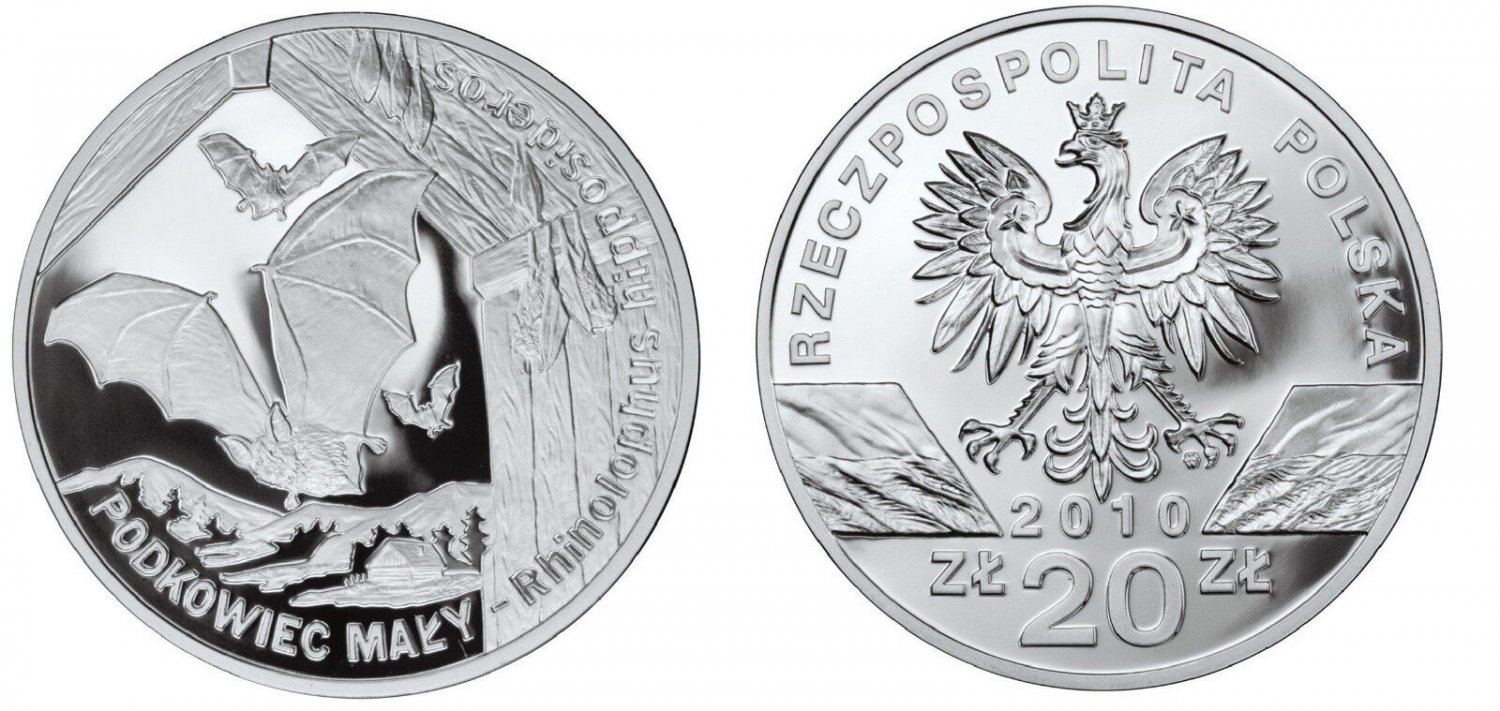 2010 Poland Large Silver  Proof 20 ZL Horseshoe Bat