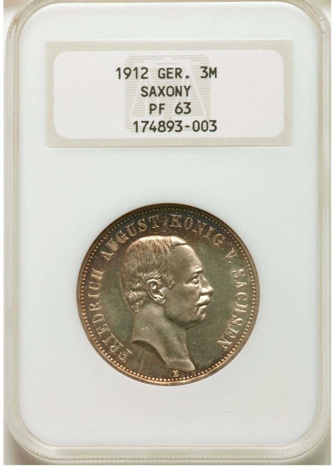 1912 Saxony (Germany) Large silver 3 Mark Proof NGC PF63