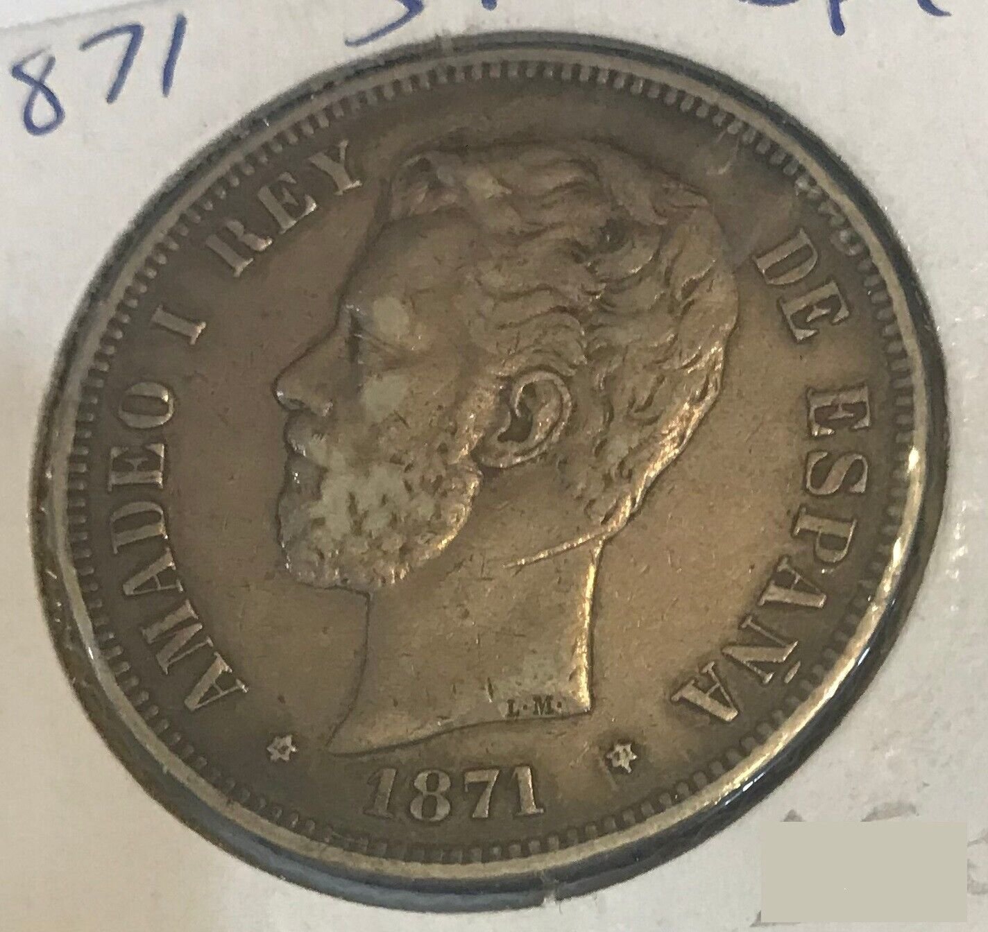 1871 SD-M Spain Large silver 5 pesetas-King Amadeo