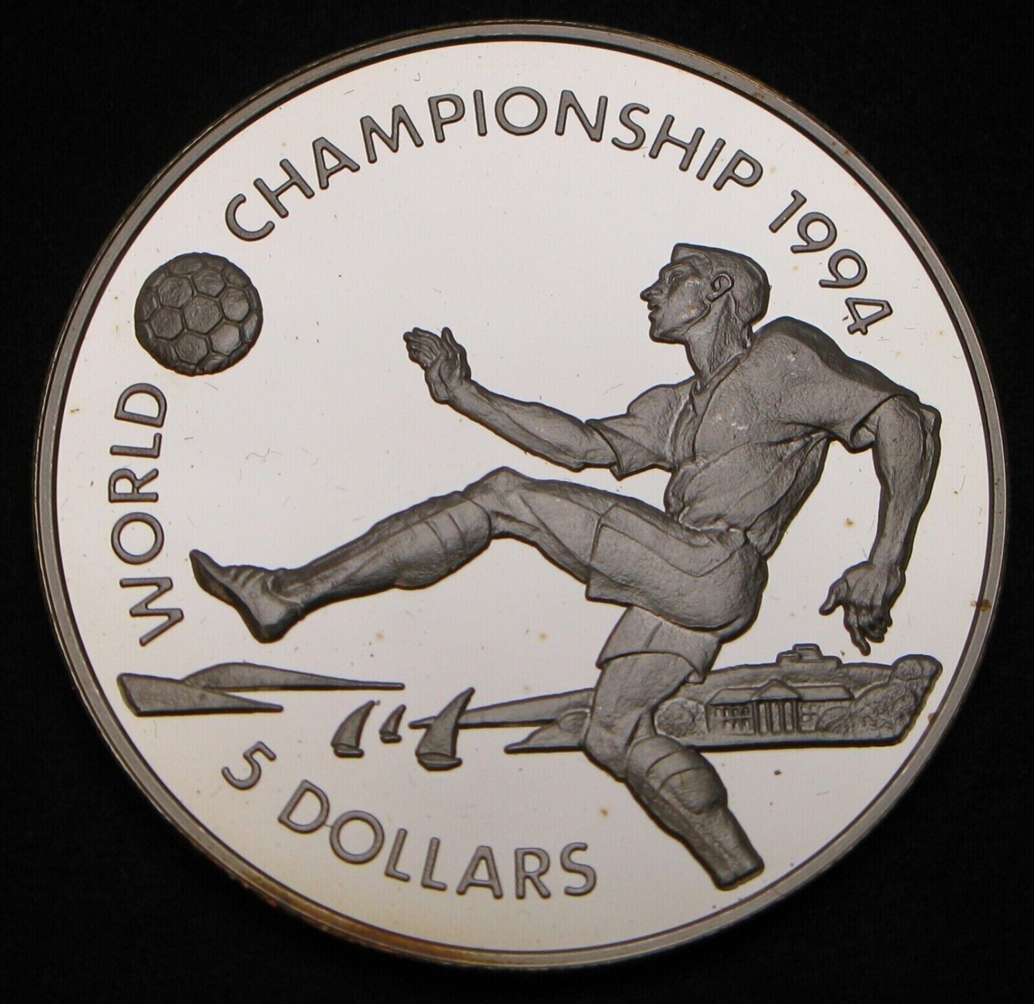 1993 Bahamas Large Silver Proof $5 World Cup Soccer USA 1994