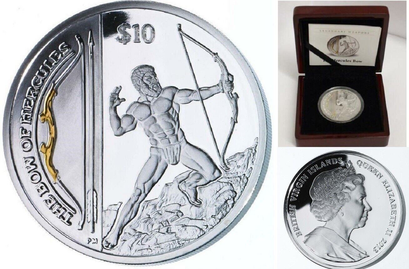 British Virgin Is 2013 Large Silver Proof $10 Legendary Weapons Hercules Bow box