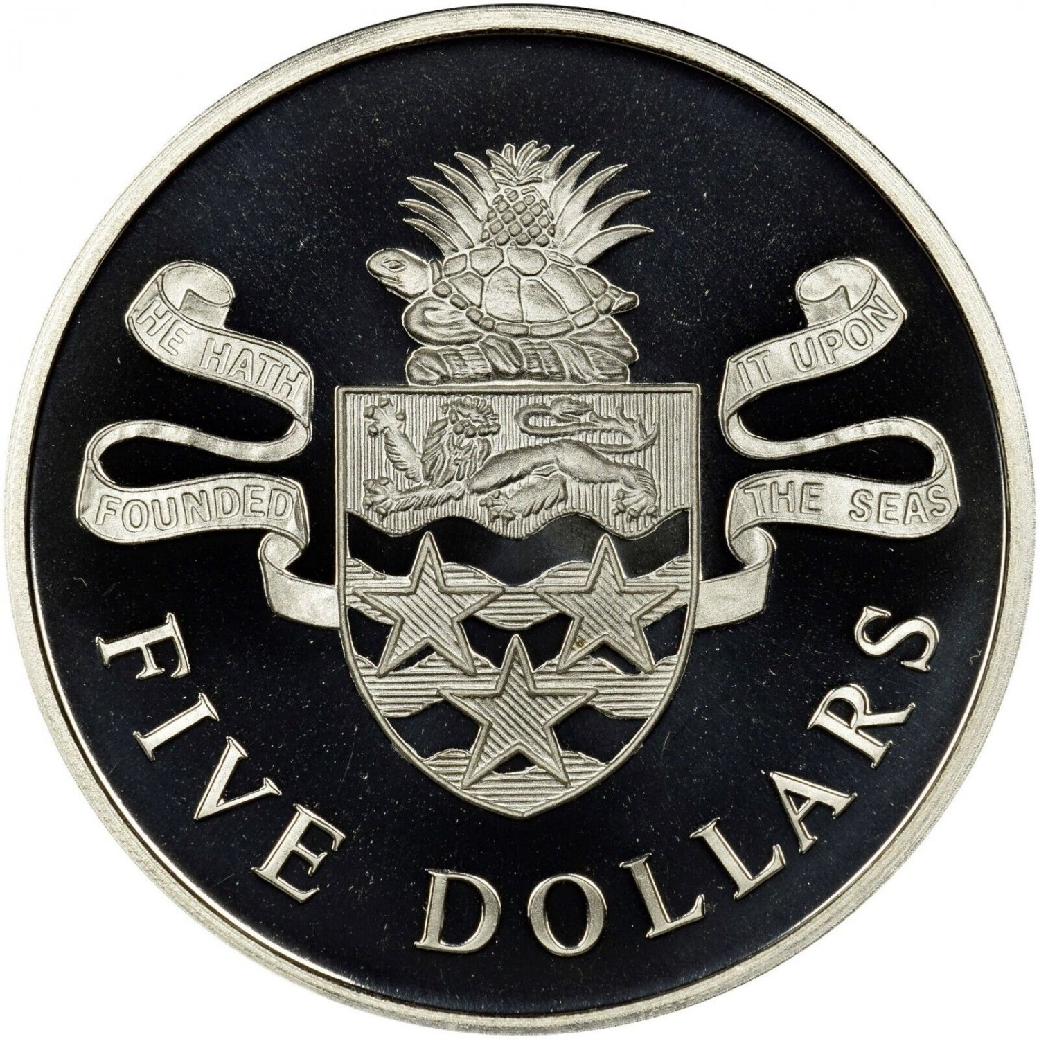 1975 Cayman Is Large 1 OZ Silver Proof $5 Coat of Arms