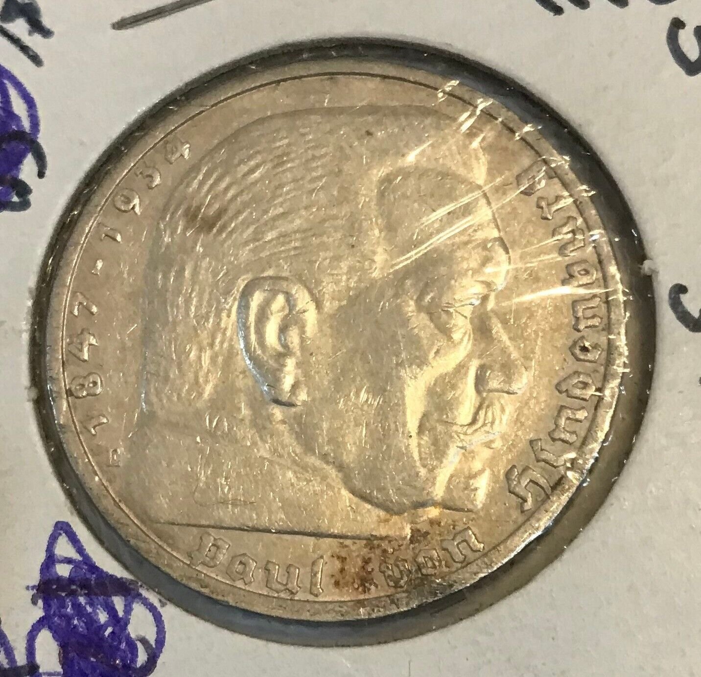 1935 E Nazi Germany Large Silver 5 marks-Hindenburg/Eagle