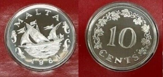 Rare 1981 Malta Proof 10 C, Grandmaster Sailing ship