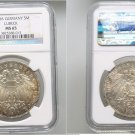 Rare 1908A Germany Lubeck Large Silver 5 Mark NGC MS 65