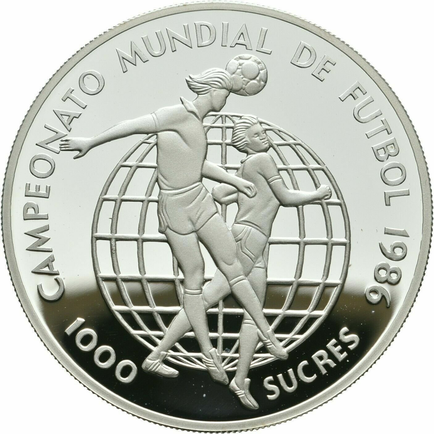 1986 Ecuador Large Silver Proof 1000 Sucres World Cup Soccer(Football)