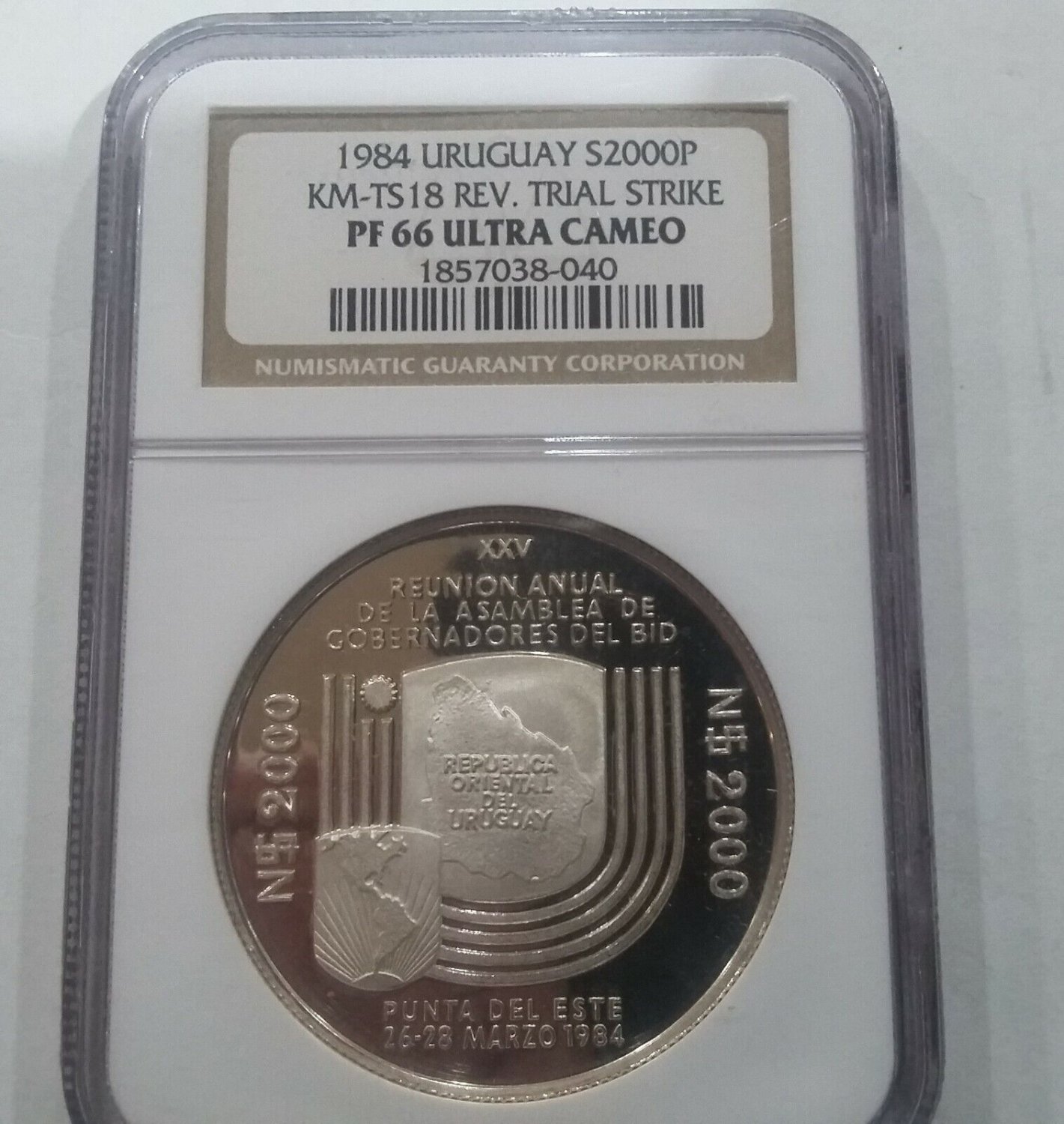 Rare 1984 Uruguay  Silver Uniface Pattern 2000 Pesos Bank,  NGC PF 66