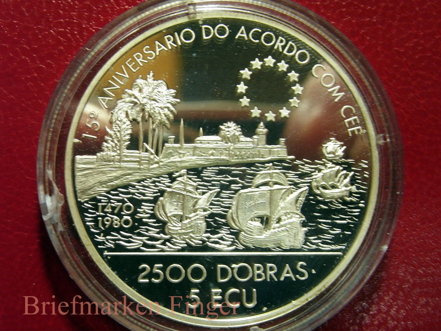 1993 St.Thomas Large Proof Silver 2500 Dobras 5 ECU-15 cent.Sailing Ships-Harbor