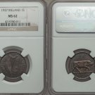 Rare 1937 Ireland Silver 1 Shilling-Bull/Harp- NGC-MS62