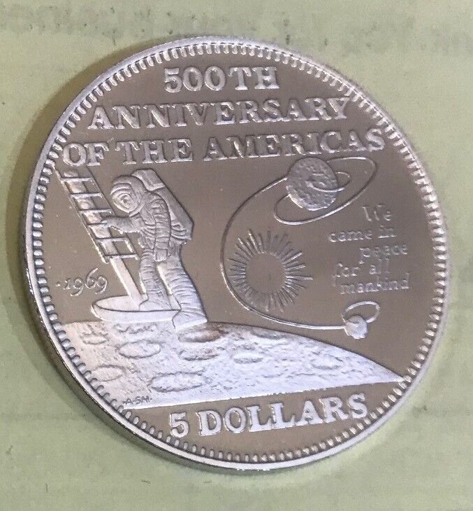 1992 Bahamas Large Proof Silver $5 Moon Landing-500 years