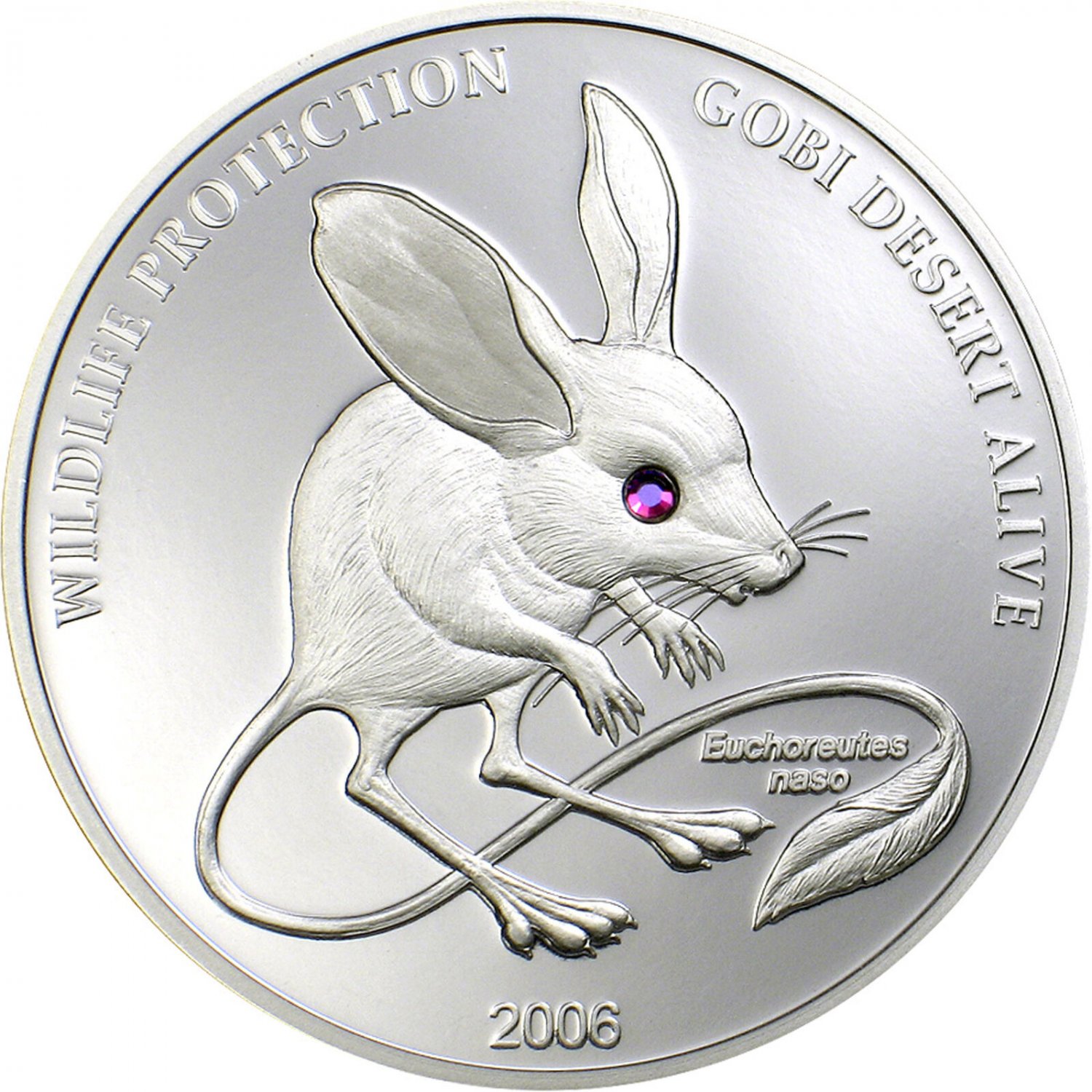 2006 Mongolia Large Silver Proof 500 T Long Eared Jerboa w/Swarovski crystal