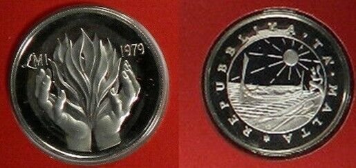 Rare 1979 Malta Proof Silver 1 Pound, Flames with helping hand/Emblem with Boat