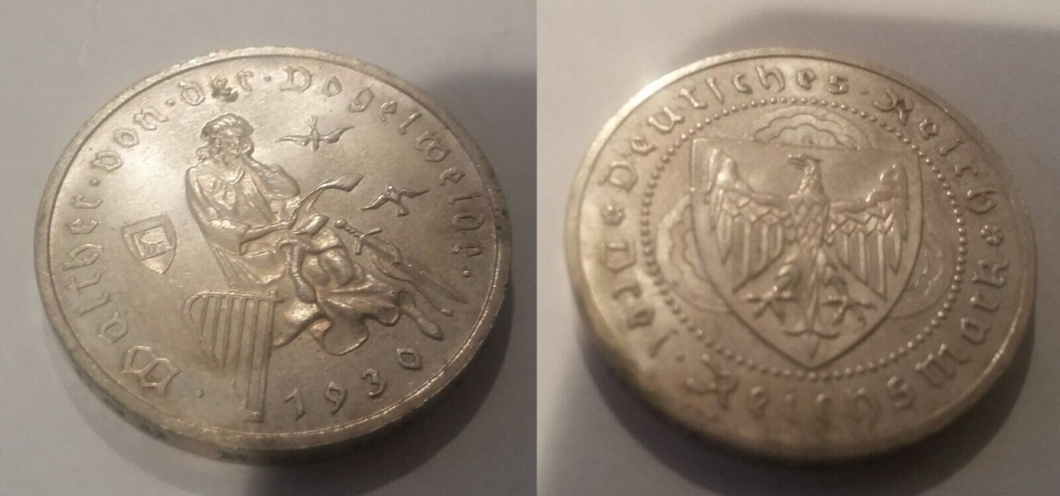 1930 A Germany Silver 3 marks-Vogelweide Nice